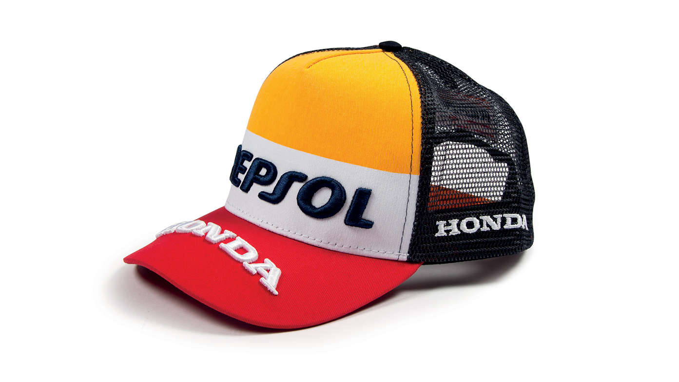 Orange, white and red Honda MotoGP colours and Repsol logo cap.