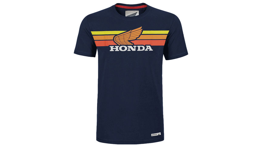Navy and sunset vintage Honda t-shirt.
