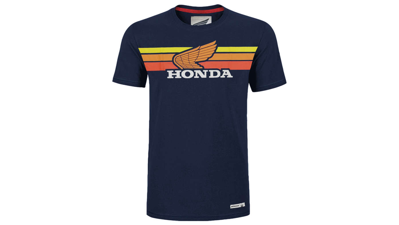 Navy and sunset vintage Honda t-shirt.