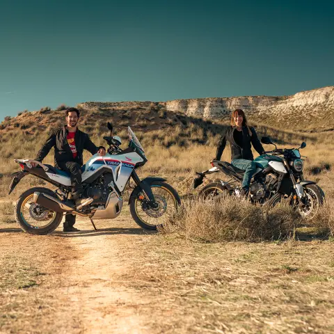 CB650R and Transalp static with riders 