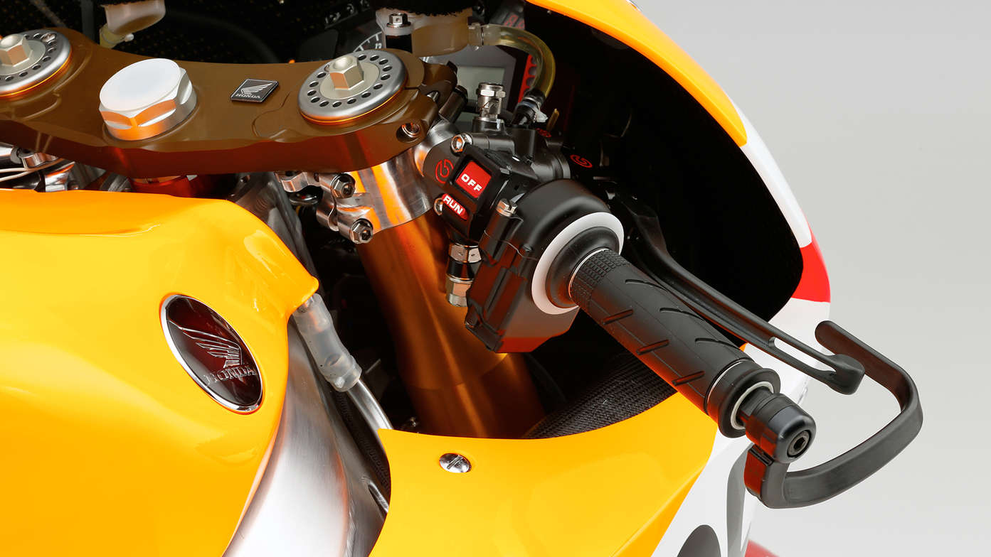 Close up of Honda motorcycle highlighting controls.
