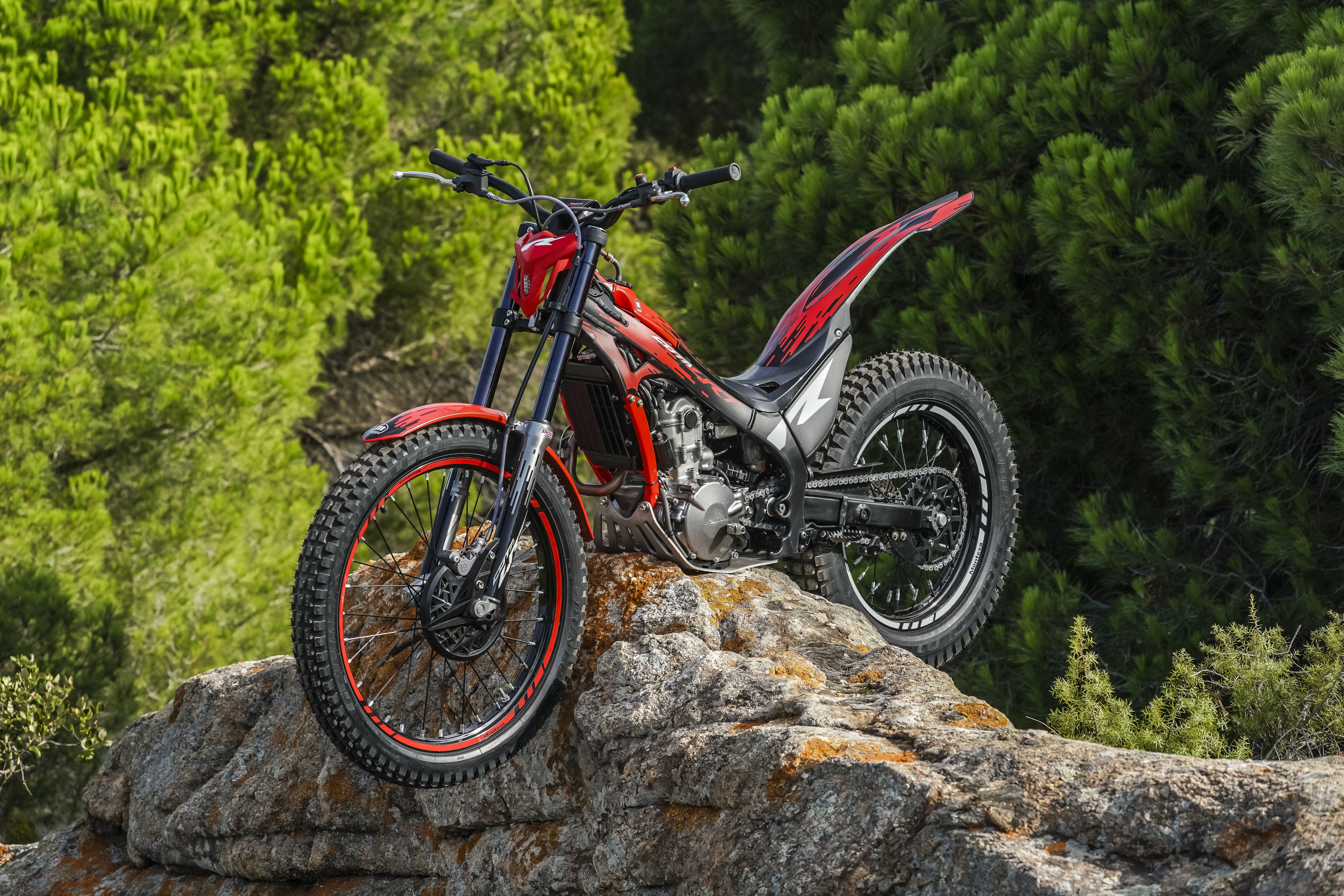 Montesa Cota 260R trials bike standing on a rock ledge in a forest setting.