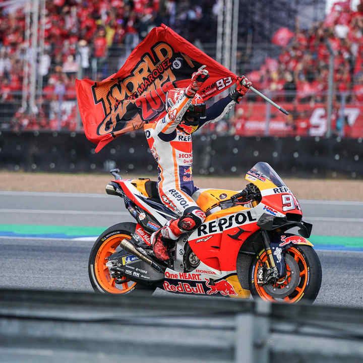 Honda MotoGP rider Marc Marquez celebrates a victory on a Fireblade.