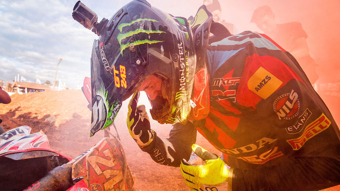 Honda MXGP rider after the race in a dust storm.