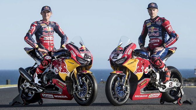 Two Honda riders on the WSBK Honda Fireblades.