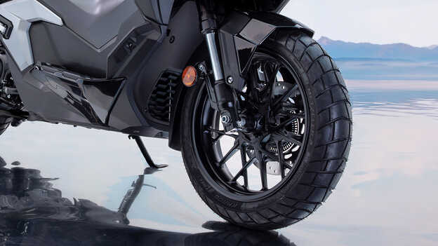 Close up of Honda ADV350 front wheel. 