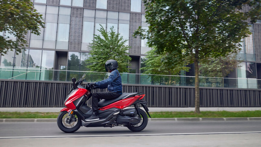 Honda Forza 350 in front of steps with model 