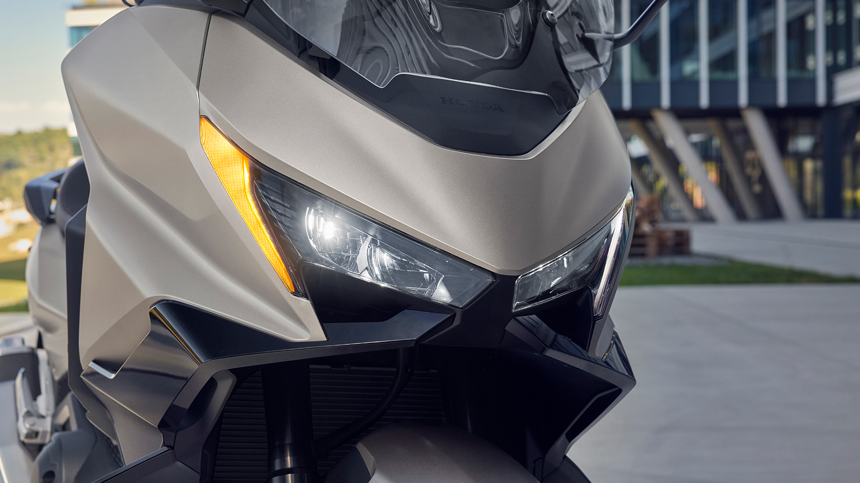 Close up of Forza 750 motorcycle bright light visibility