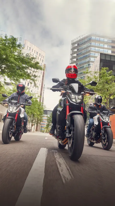 Honda CB750 Hornet on road in black and white colour options