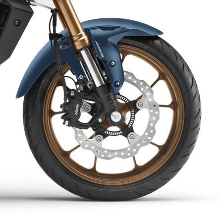 Honda CB125R, right side, zoom on front wheel and brakes, studio shot, blue bike