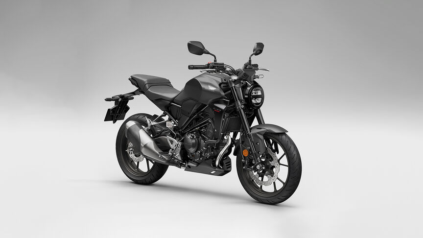 Front three-quarter facing Honda CB300R with accessories.