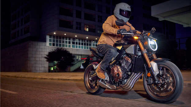 Honda CB650R front ¾ parked on side stand