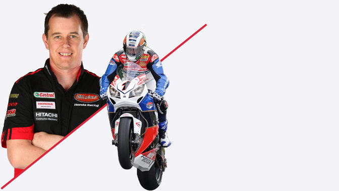 Split image: Portrait of John McGuinness, 3-quarter frontal shot of McGuinness riding Fireblade, pulling a wheelie!