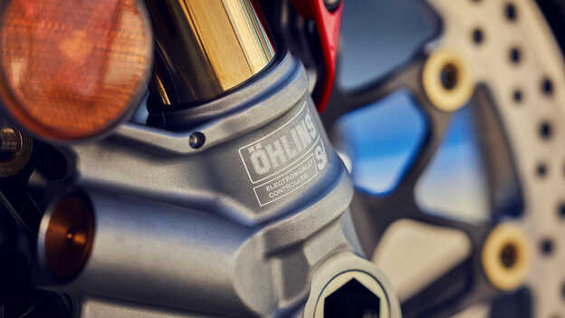 Close up of Öhlins electronic suspension.