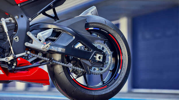 Close up of Honda CBR1000rr-r Fireblade rear wheel.