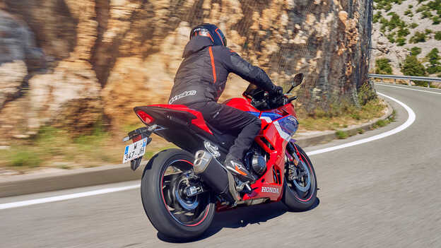 CBR500R rear three quarter dynamic shot on a bend