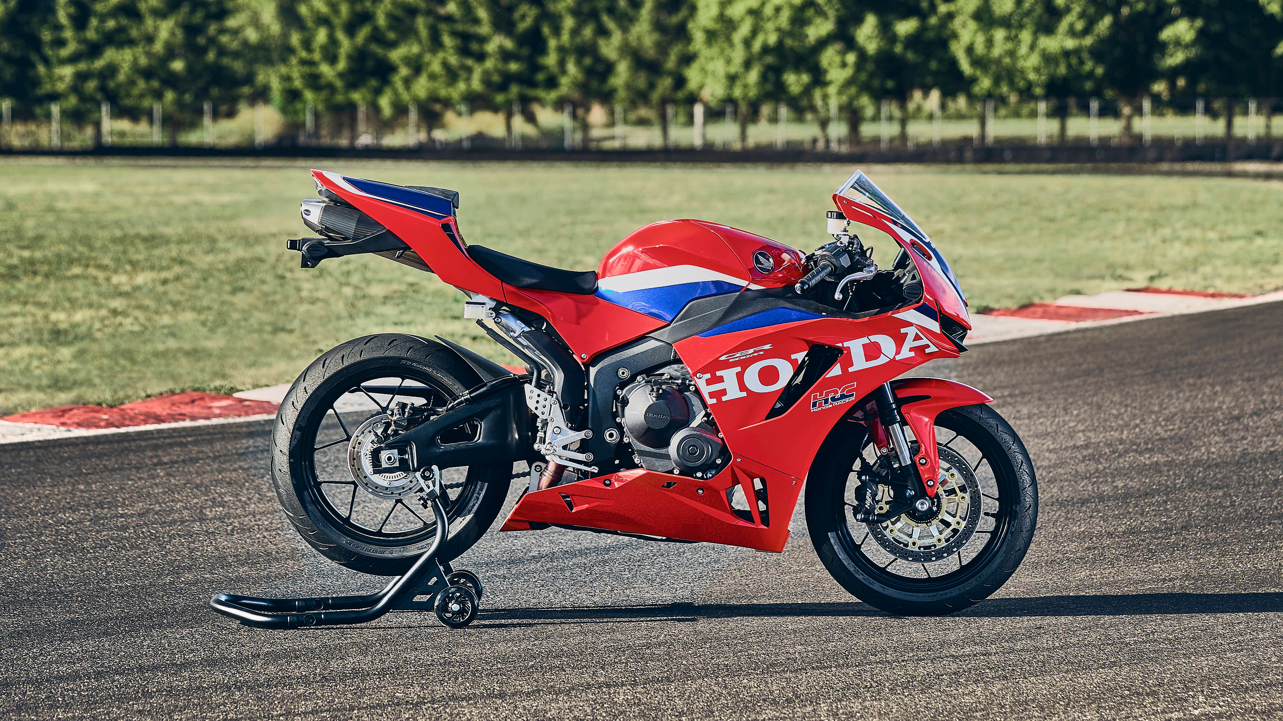 CBR600RR front three quarter static in pit garage.