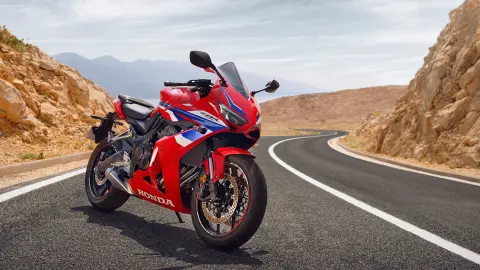 Side facing Honda CBR650R on coastal road. 