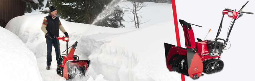 Left: 6 Series snowthrower being used by model, garden location. Right: 6 Series snowthrower, front three quarter, left facing.