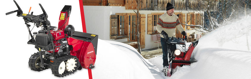 Left: 7 Series snowthrower. Right: 7 Series snowthrower, being used by model, garden location.