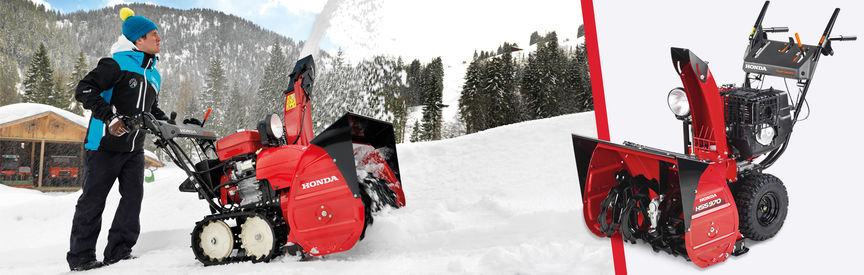 Left: 9 Series snowthrower being used by model, garden location. Right: 9 Series snowthrower, front three quarter, left facing.