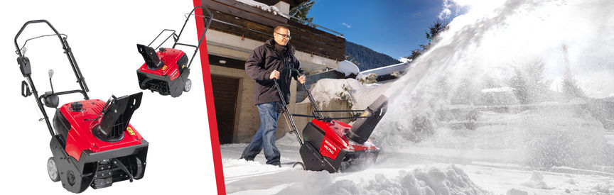 Left: 2x Single stage snowthowers. Right: Single stage snowthrower, being used by model, garden location.