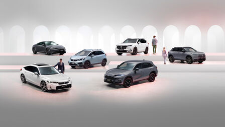 26YM Honda electrified range image containing the models: Prelude, CR-V, Jazz, HR-V, Civic, and ZR-V.