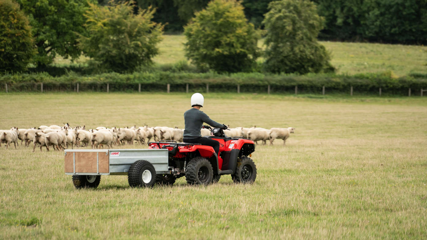 Fourtrax 420 being used by model, steep field location.