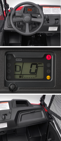 Close up shots of Honda Pioneer ATV - steering wheel, dials and shifter.