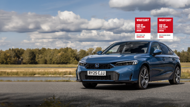 What Car? Best Family Car and Most Reliable Brand Award above a blue Honda Civic