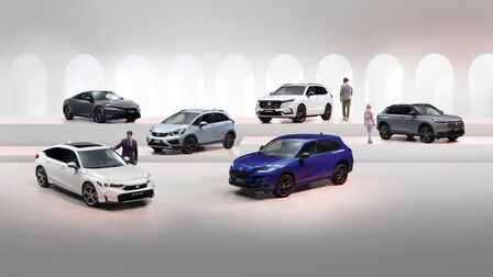 26YM Honda electrified range image containing the models: Prelude, CR-V, Jazz, HR-V, Civic, and ZR-V.