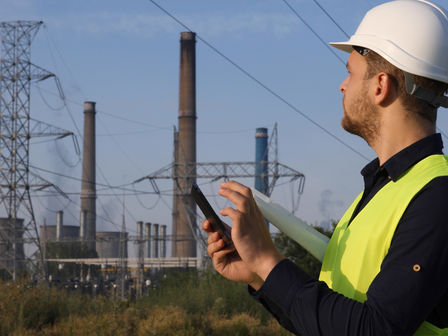 a man wearing high vis jacket and helmet using a mobile phone outside