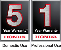 Honda 5 year domestic use warranty logo, and Honda 1 year professional use warranty logo.