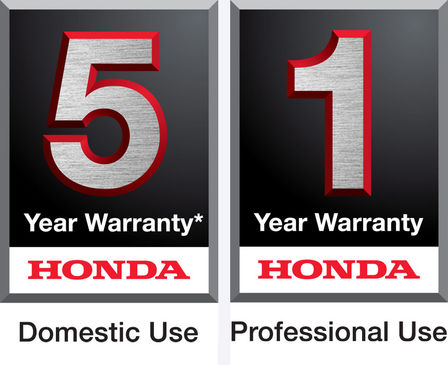 Honda 5 year domestic use warranty logo, and 1 year professional use warranty logo.