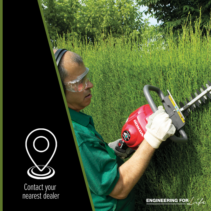 Contact a dealer logo and a man using a Honda Hedgetrimmer to cut a hedge