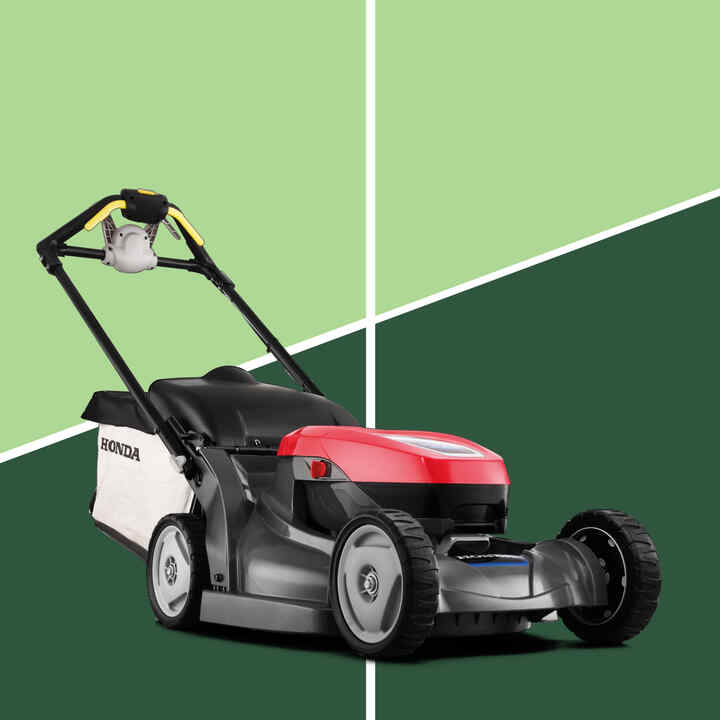Honda HRX 476 XB Cordless Lawnmower with a dark and light green background
