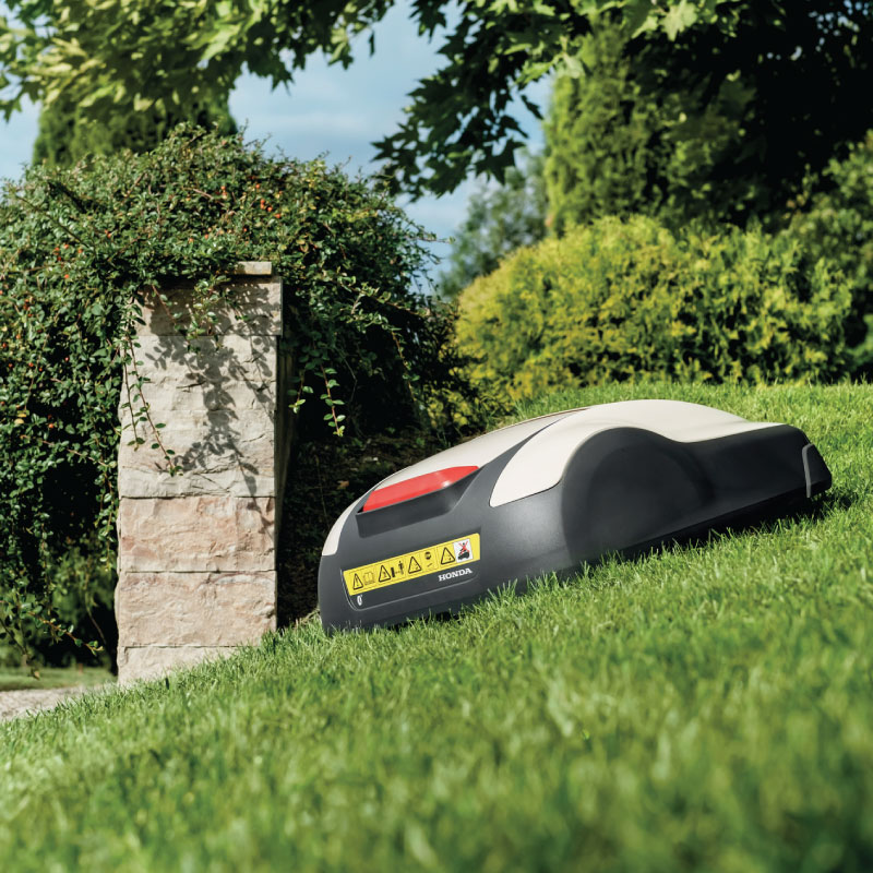 Miimo mowing on a sloped lawn