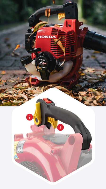 Top: Leafblower being used by model, garden location. Bottom: Close up of leafblower focusing on throttle lever and cruise control lever.