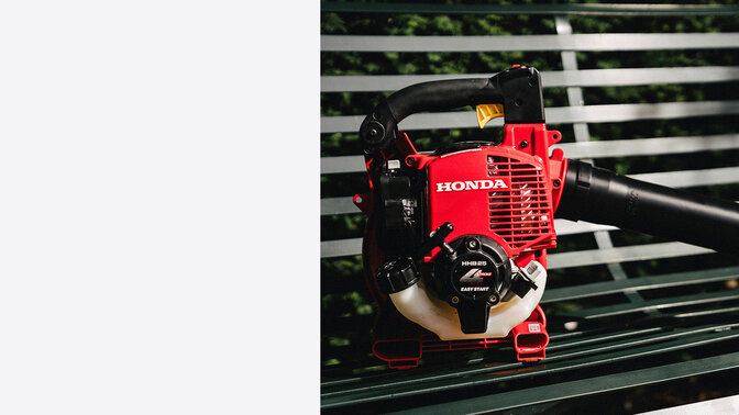 Leafblower being used by model, location.