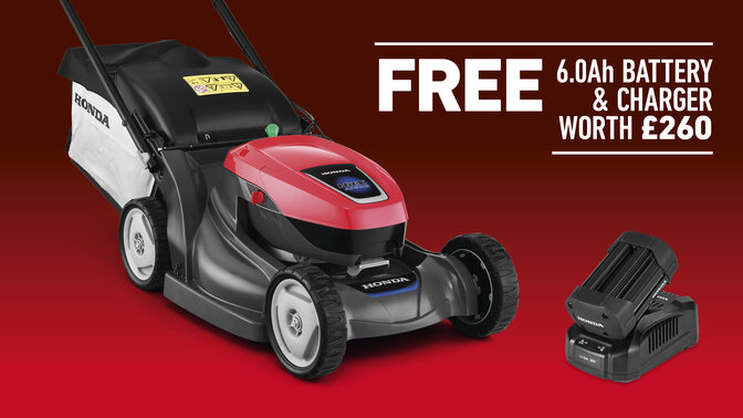 HRX476XB Cordless lawnmower on a red and black background