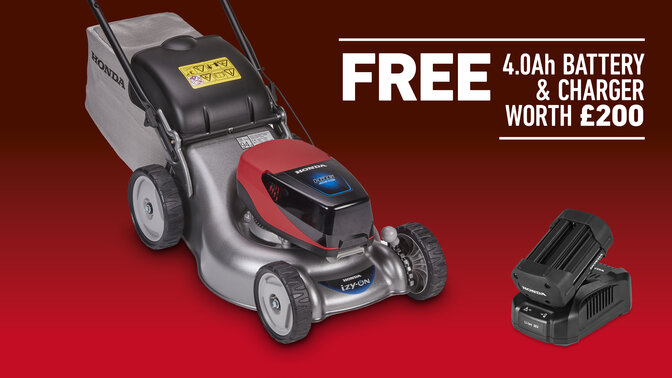 izy-ON lawnmower on a red and black background with free 4ah or 6ah battery