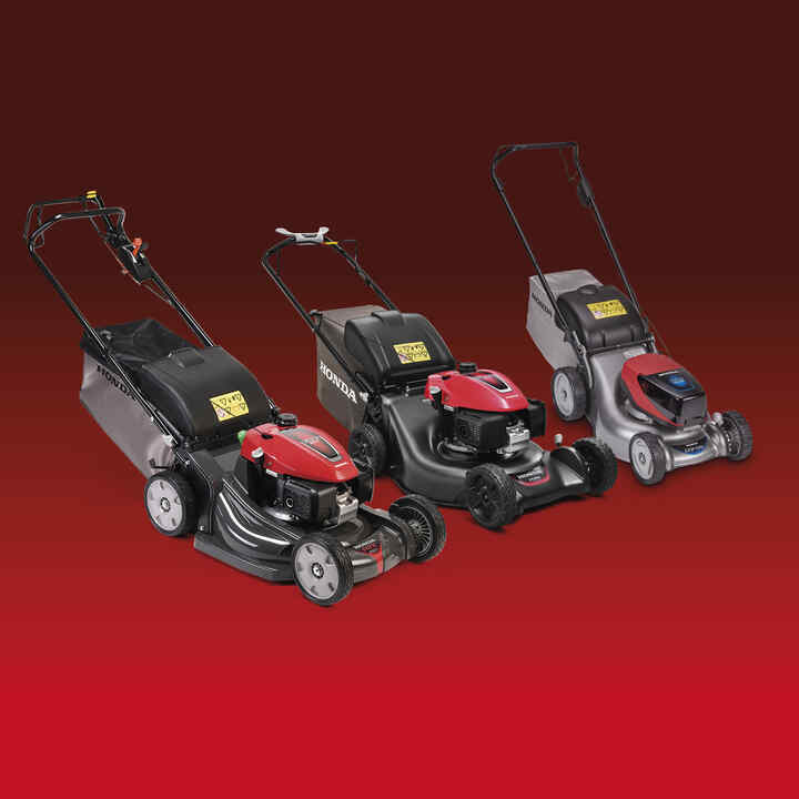 HRX lawnmower, izy-ON lawnmower, and IZY lawnmower on a red and black background