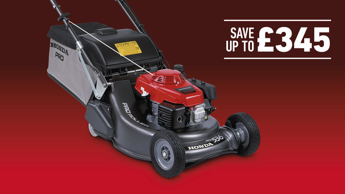 HRH lawnmower on a red and black background with save £345