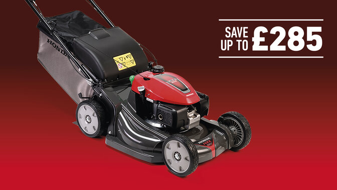 HRX lawnmower on a red and black background with save up to £285