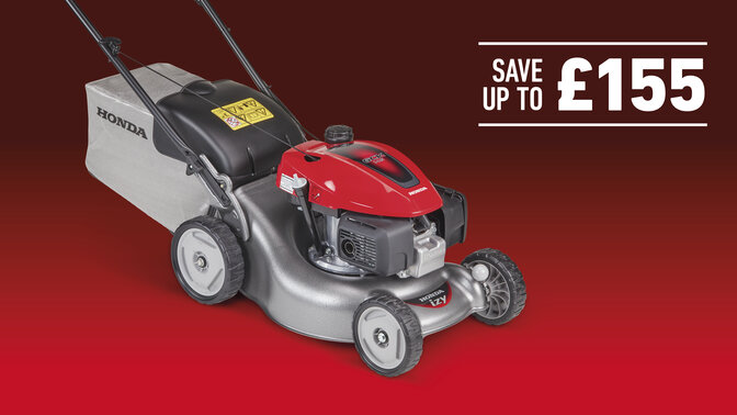 IZY lawnmower on a red and black background with save up to £155