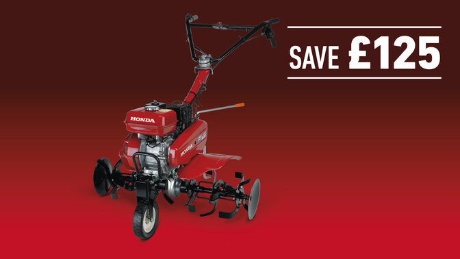 Compact Tiller on a red and black gradient background with Save up to £125
