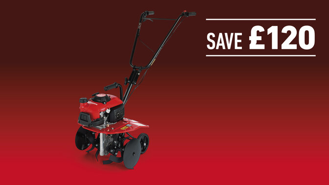 Mini Tiller on a red and black gradient background with Save up to £120