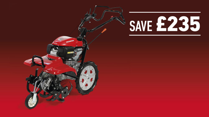 Rotary Tiller on a red and black gradient background with Save up to £235