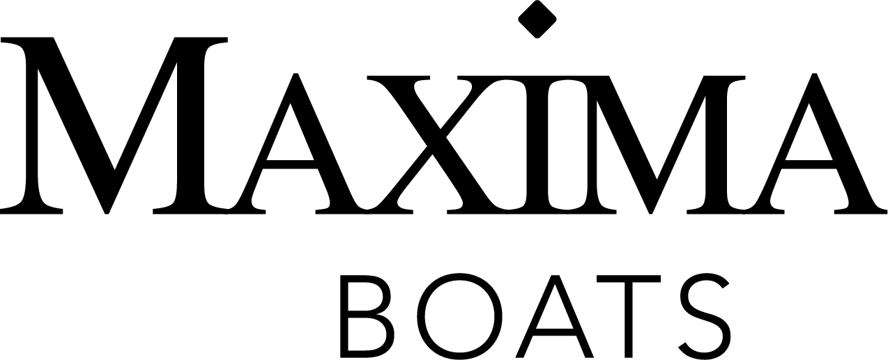 Logo for Maxima Boats, featuring the brand name \"MAXIMA\" in large, bold black letters with a small diamond shape above, and \"BOATS\" in smaller letters below.