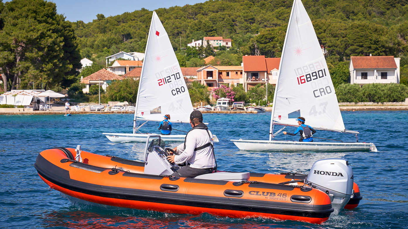 Highfield club 46 on the water with a honda outboard engine